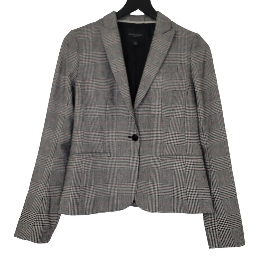 Banana Republic Plaid Blazer Jacket 2 Black White Classic Academia Preppy Office